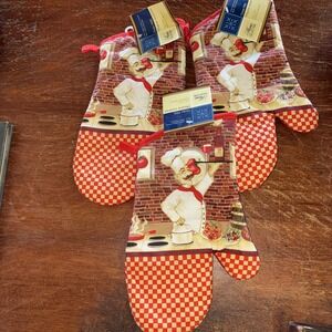 3 Fabric Printed Kitchen Oven Mitts Mittens Italian Bistro Chef Serving Wine NWT
